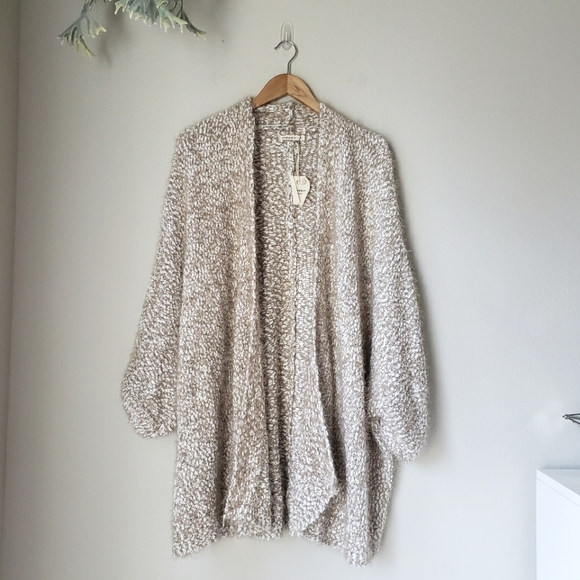 Beige-Taupe Fuzzy Knit Open Front Draped Cocoon Cardigan - Picture 13 of 15